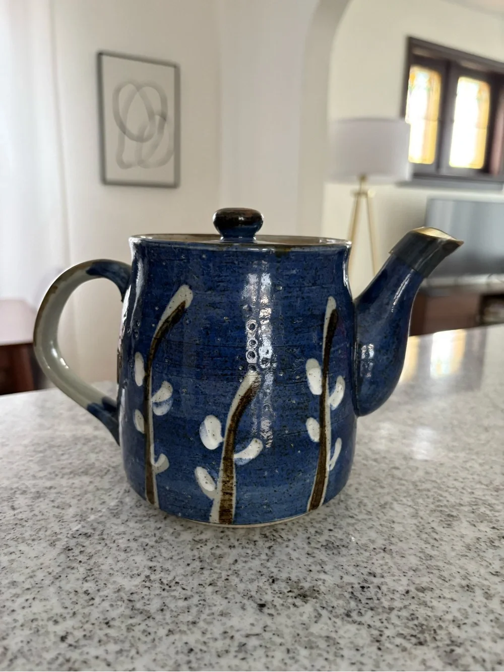 Vintage Japanese teapot stoneware pottery handmade cobalt blue * small chip